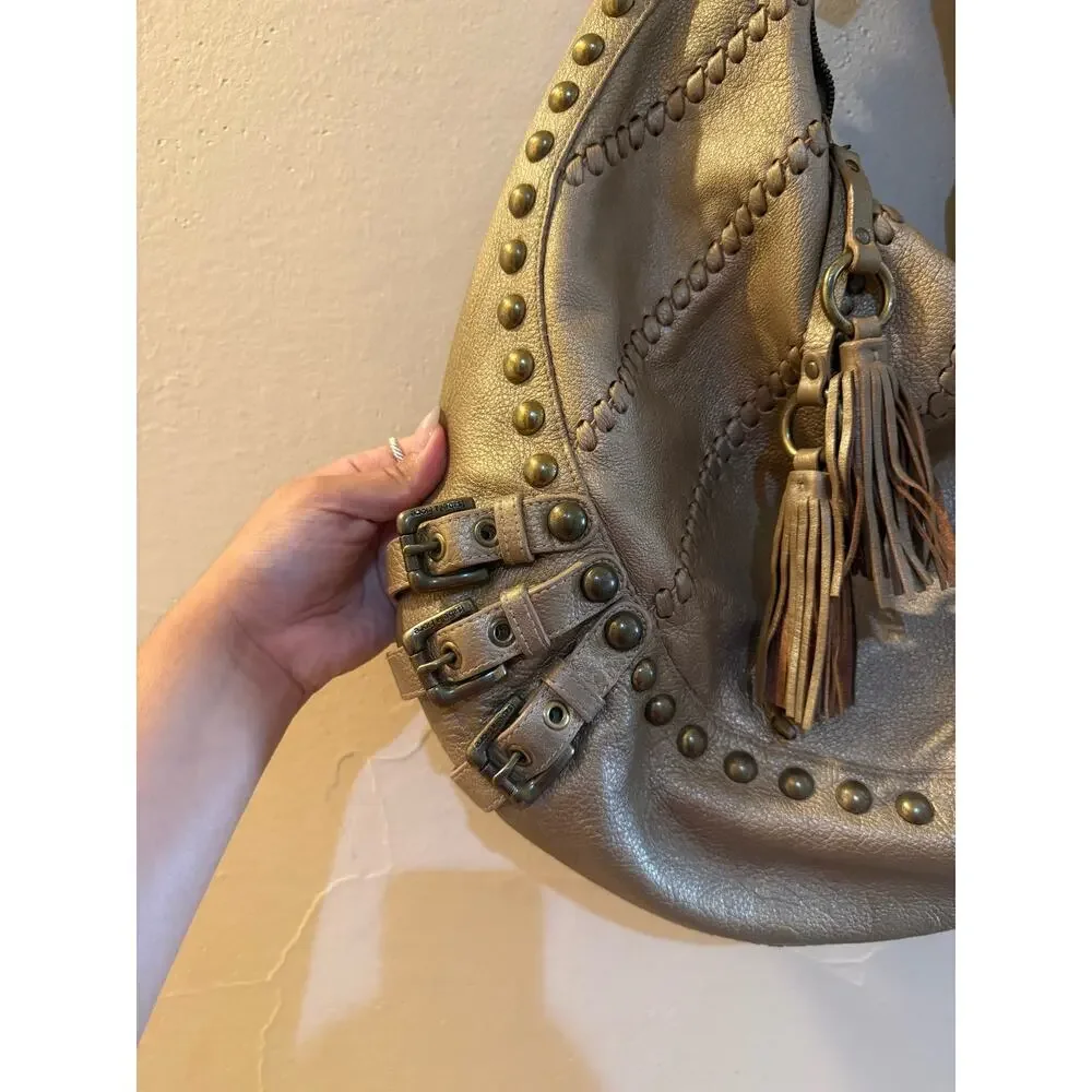 Vintage Isabella Fiore XL Bronze-Gold Studs and Buckles Leather Hobo Bag
